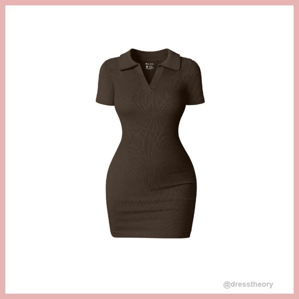 Ribbed Bodycon Mini Dress Tummy Control Short Sleeve V-Neck